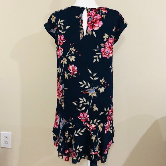 JOIE Silk Dress Navy Pink Floral Flounce Hem Flowy Size S - Picture 2 of 6
